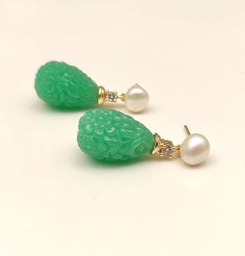 Certified natural freshwater pearls jewellery carved green onyx drop earrings with freshwater pearl 2