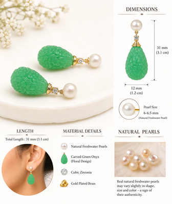 Certified natural freshwater pearls jewellery carved green onyx drop earrings with freshwater pearl 3