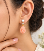 Certified natural freshwater pearls jewellery pearl & carved coral drop earrings with cz, 25x12 mm