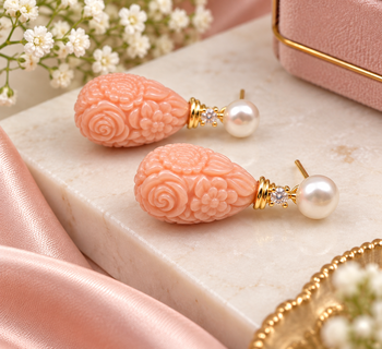 Certified natural freshwater pearls jewellery pearl & carved coral drop earrings with cz, 25x12 mm 2