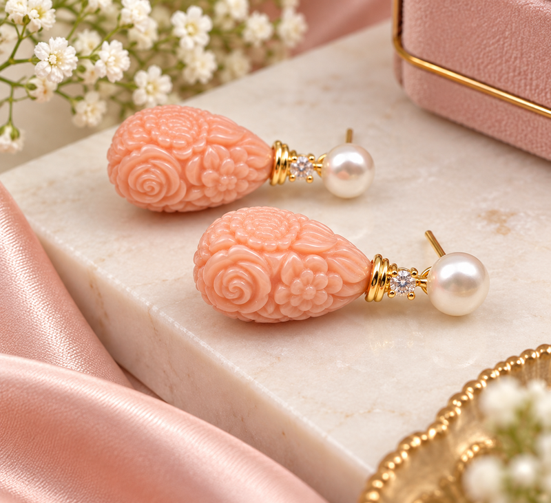 Certified natural freshwater pearls jewellery pearl & carved coral drop earrings with cz, 25x12 mm