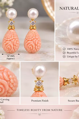 Certified natural freshwater pearls jewellery pearl & carved coral drop earrings with cz, 25x12 mm
