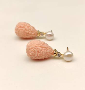 Certified natural freshwater pearls jewellery pearl & carved coral drop earrings with cz, 25x12 mm 4