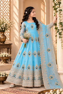 Heavy fendy silk embroidery thred and sequnce work sky readymade ethnic gown 1