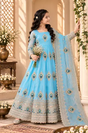 Heavy fendy silk embroidery thred and sequnce work sky readymade ethnic gown