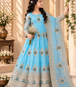 Heavy fendy silk embroidery thred and sequnce work sky readymade ethnic gown