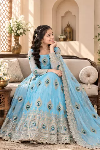 Heavy fendy silk embroidery thred and sequnce work sky readymade ethnic gown