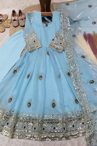 Heavy fendy silk embroidery thred and sequnce work sky readymade ethnic gown