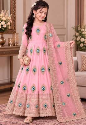 Heavy fendy silk embroidery thred and sequnce work light pink readymade ethnic gown 1