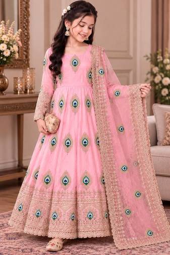 Heavy fendy silk embroidery thred and sequnce work light pink readymade ethnic gown