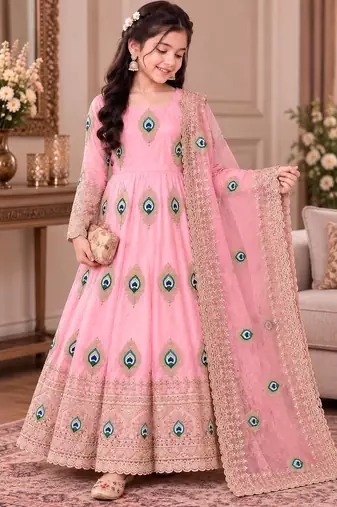Heavy fendy silk embroidery thred and sequnce work light pink readymade ethnic gown