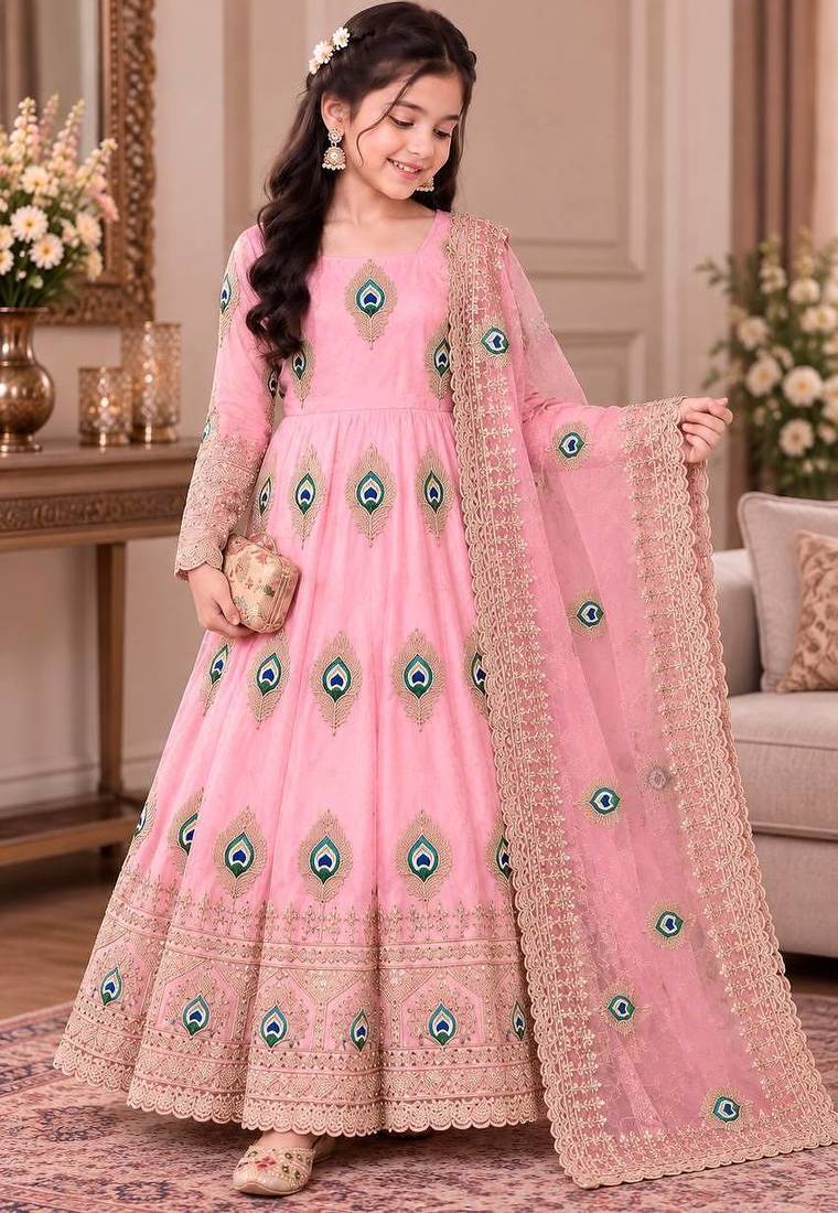 Heavy fendy silk embroidery thred and sequnce work light pink readymade ethnic gown