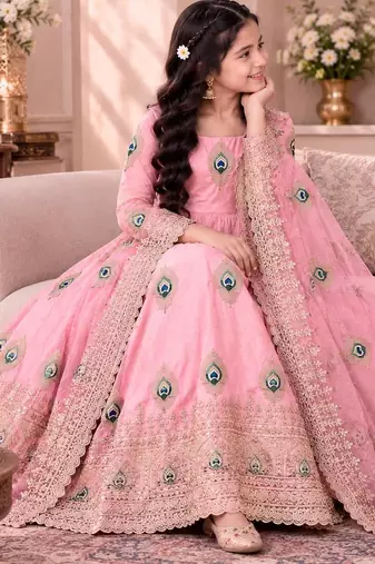 Heavy fendy silk embroidery thred and sequnce work light pink readymade ethnic gown
