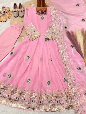 Heavy fendy silk embroidery thred and sequnce work light pink readymade ethnic gown 3