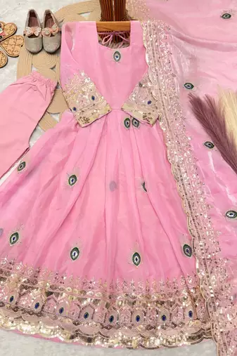 Heavy fendy silk embroidery thred and sequnce work light pink readymade ethnic gown