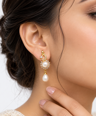 Certified natural freshwater pearls jewellery natural pearl drop earrings with cubic zirconia, gold tone 1