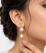Certified natural freshwater pearls jewellery natural pearl drop earrings with cubic zirconia, gold tone