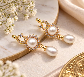 Certified natural freshwater pearls jewellery natural pearl drop earrings with cubic zirconia, gold tone 2