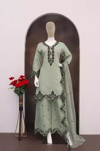 Pista silk blend hand embroidery semi stitched salwar suits
