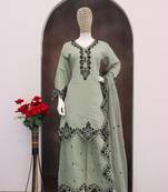 Pista silk blend hand embroidery semi stitched salwar suits