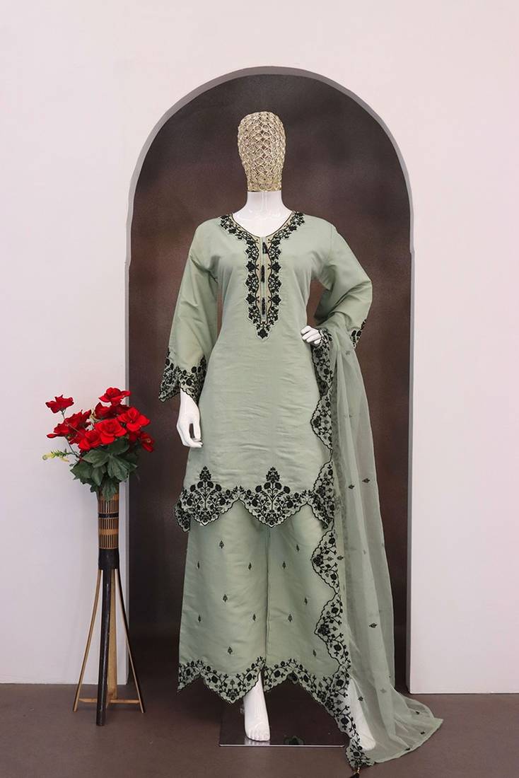 Pista silk blend hand embroidery semi stitched salwar suits