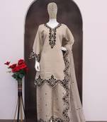 Cream silk blend hand embroidery semi stitched salwar suits