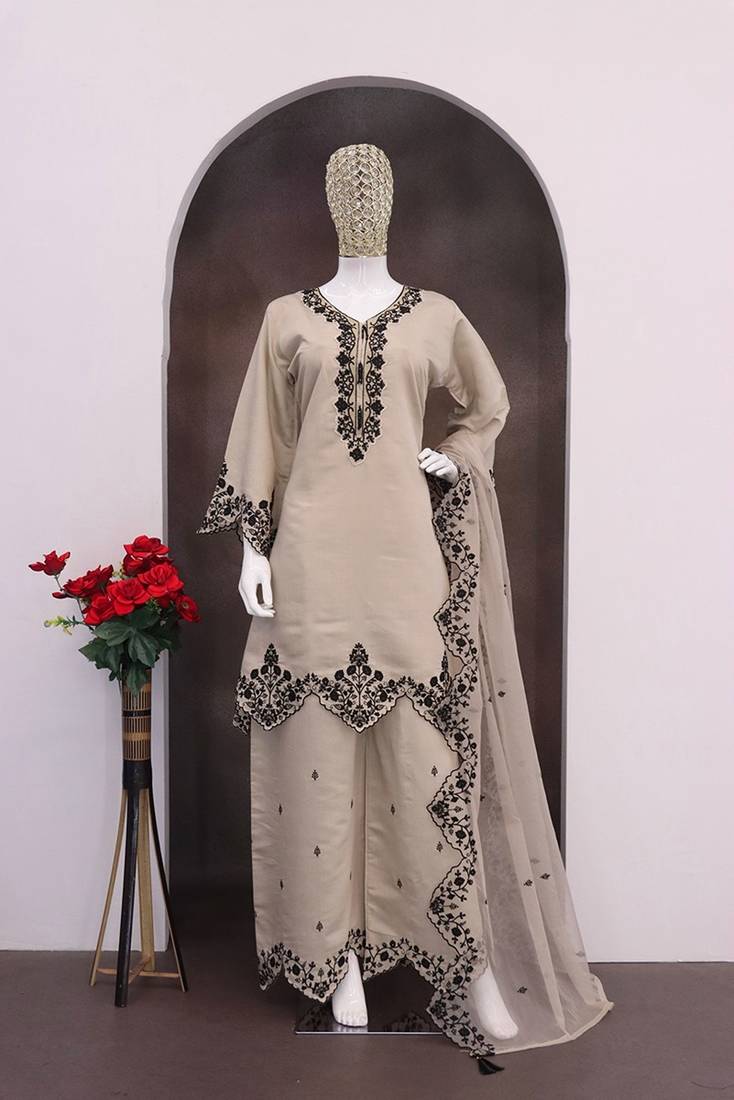 Cream silk blend hand embroidery semi stitched salwar suits