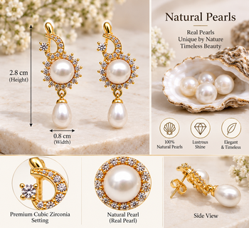 Certified natural freshwater pearls jewellery natural pearl drop earrings with cubic zirconia, gold tone 3