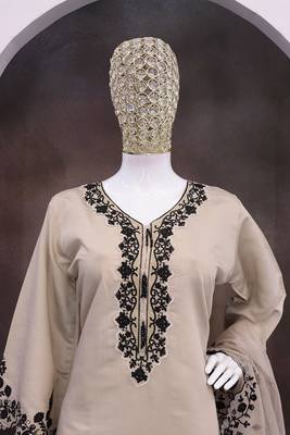 Cream silk blend hand embroidery semi stitched salwar suits 2