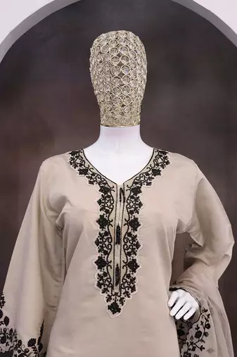 Cream silk blend hand embroidery semi stitched salwar suits