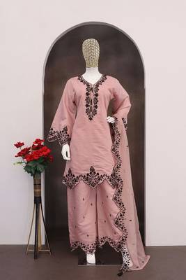 Pink silk blend hand embroidery semi stitched salwar suits 1