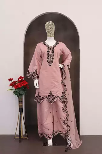 Pink silk blend hand embroidery semi stitched salwar suits