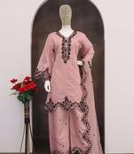 Pink silk blend hand embroidery semi stitched salwar suits
