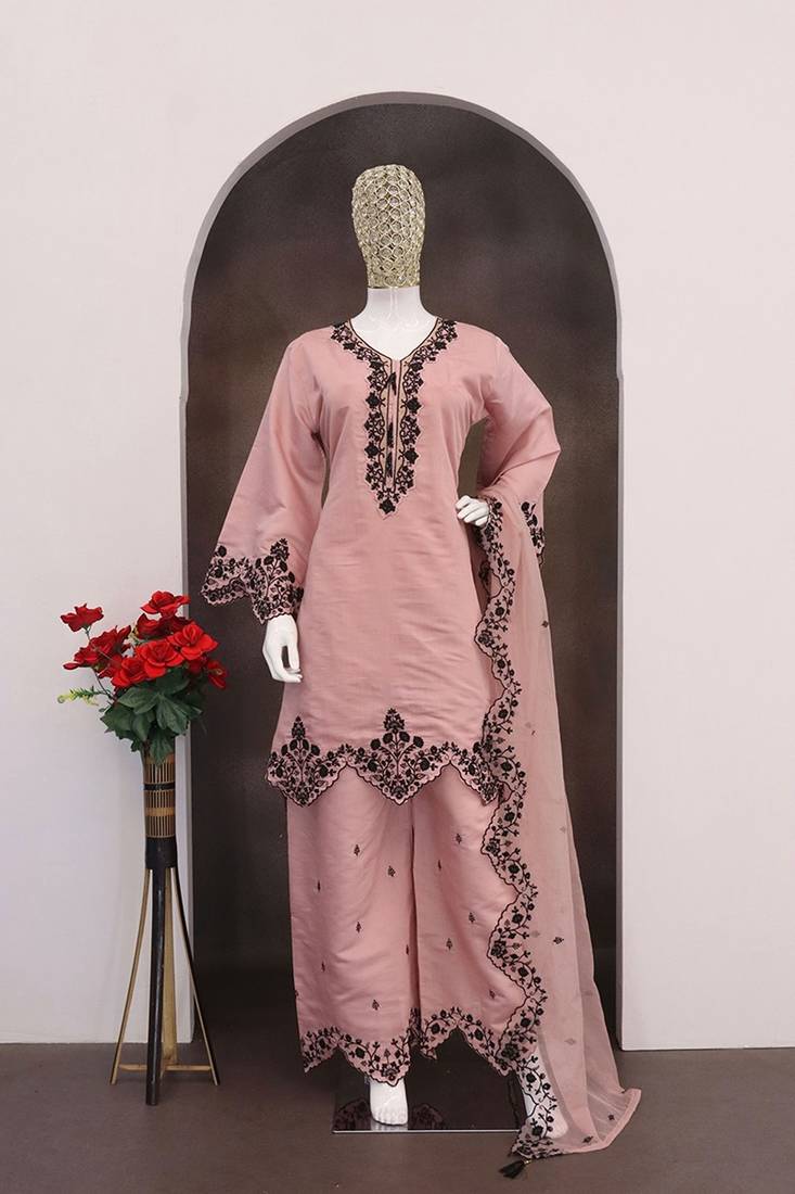 Pink silk blend hand embroidery semi stitched salwar suits