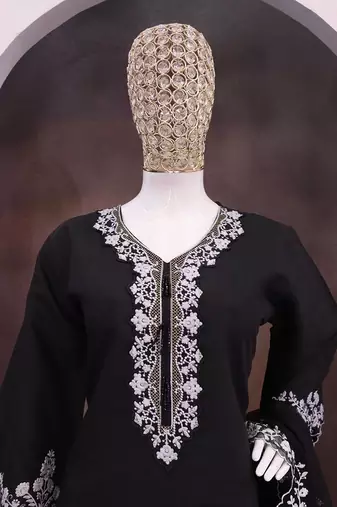 Black silk blend hand embroidery semi stitched salwar suits