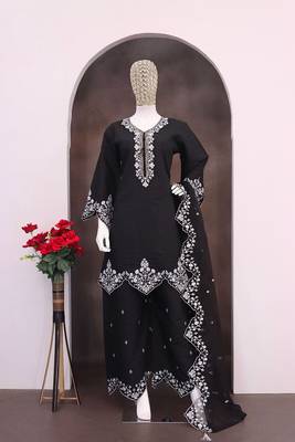 Black silk blend hand embroidery semi stitched salwar suits 1