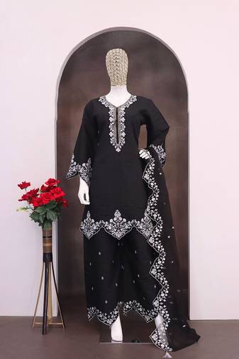 Black silk blend hand embroidery semi stitched salwar suits