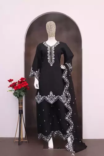 Black silk blend hand embroidery semi stitched salwar suits