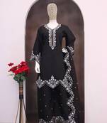 Black silk blend hand embroidery semi stitched salwar suits