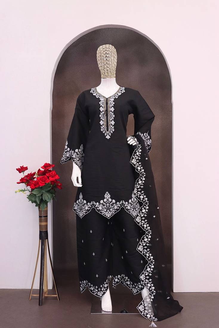 Black silk blend hand embroidery semi stitched salwar suits