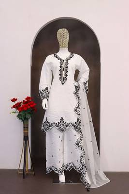 White silk blend hand embroidery semi stitched salwar suits 1