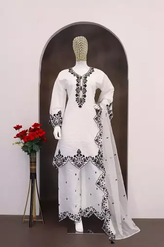 White silk blend hand embroidery semi stitched salwar suits