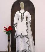 White silk blend hand embroidery semi stitched salwar suits