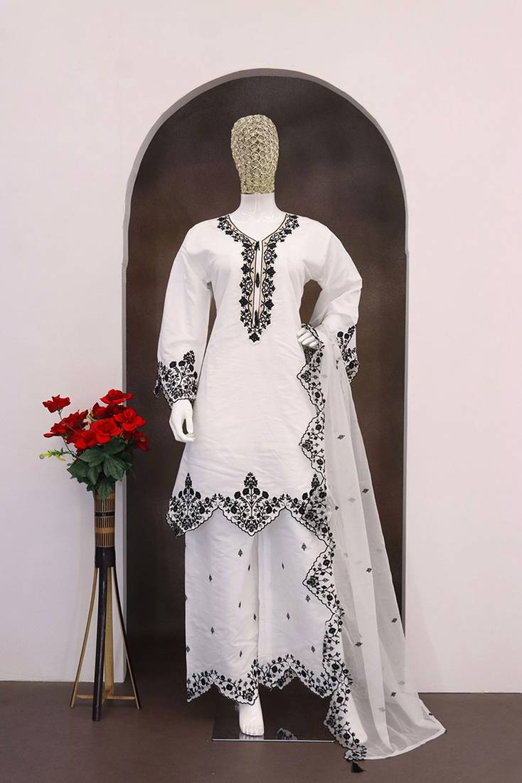 White silk blend hand embroidery semi stitched salwar suits
