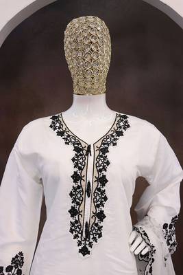 White silk blend hand embroidery semi stitched salwar suits 2