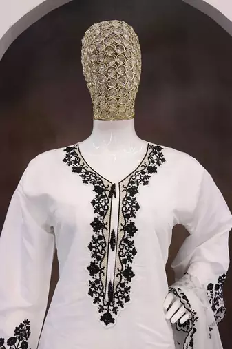White silk blend hand embroidery semi stitched salwar suits