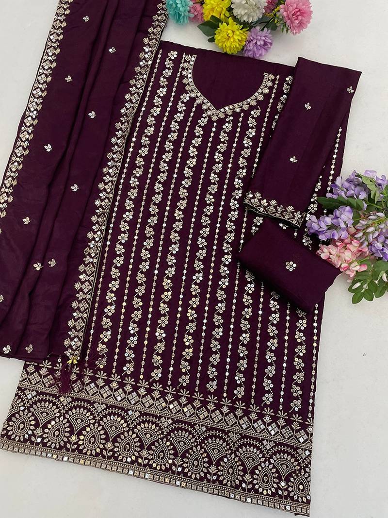 Deep wine silk blend zari work semi stitched salwar suits