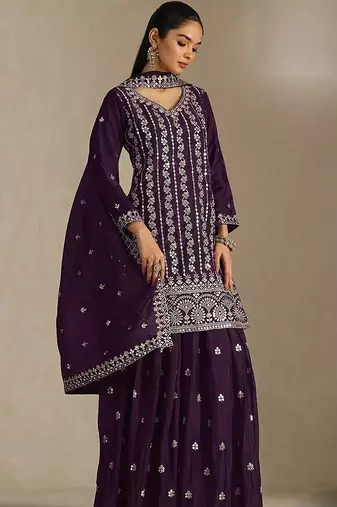 Deep wine silk blend zari work semi stitched salwar suits