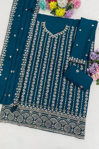 Teal silk blend zari work semi stitched salwar suits
