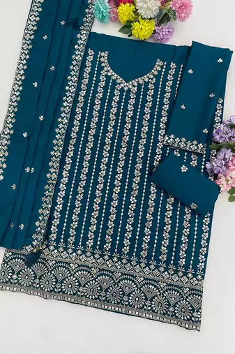 Teal silk blend zari work semi stitched salwar suits